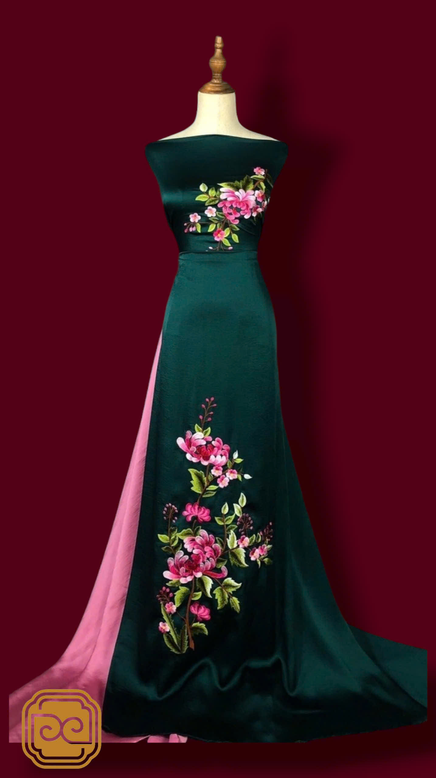 VẢI LỤA THÊU CÚC HỒNG 